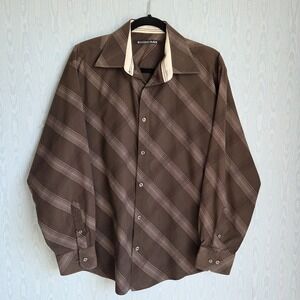 Vtg Y2K Carbon Black Mens L Button Down Dagger Collar Brown Retro Fight Club 70s
